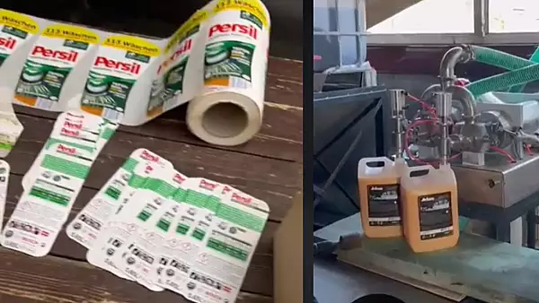 Cum se falsifica, detergentii ,,premium" pe care comerciantii ambulanti le vand in piete. VIDEO de la perchezitii