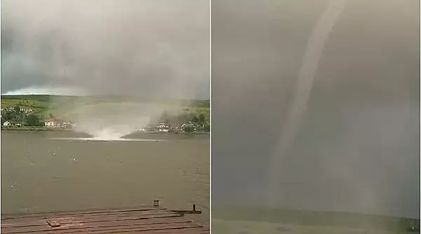 Imagini cu o tornada care s-a format pe un lac de pescuit din Cluj