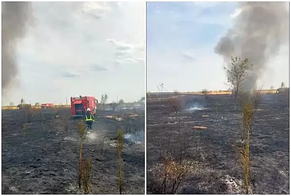 Incendiu de vegetatie puternic in Popesti Leordeni. Masina pompierilor, afectata de foc din cauza rafalelor de vant. S-a emis Ro-Alert