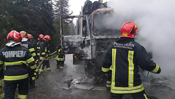 Incendiu pe DN 13 B in Harghita: Cabina unui autocamion incarcat cu lemne a luat foc