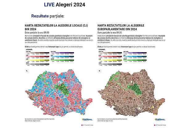 LIVE ALEGERI 2024 - Rezultatele partiale oficiale BEC actualizate constant - Cum se coloreaza politic harta Romaniei fata de alegerile anterioare