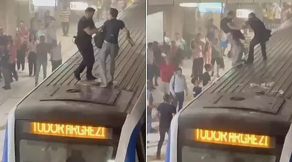 Momentul in care un barbat se urca pe metrou, la statia Victoriei. Alt individ a folosit extinctorul in tren, la statia Piata Romana