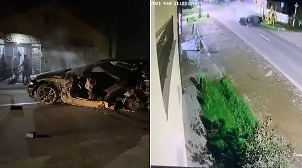 Tanar fara centura aruncat dintr-un BMW rupt in doua, accident filmat in Botiz, Satu Mare